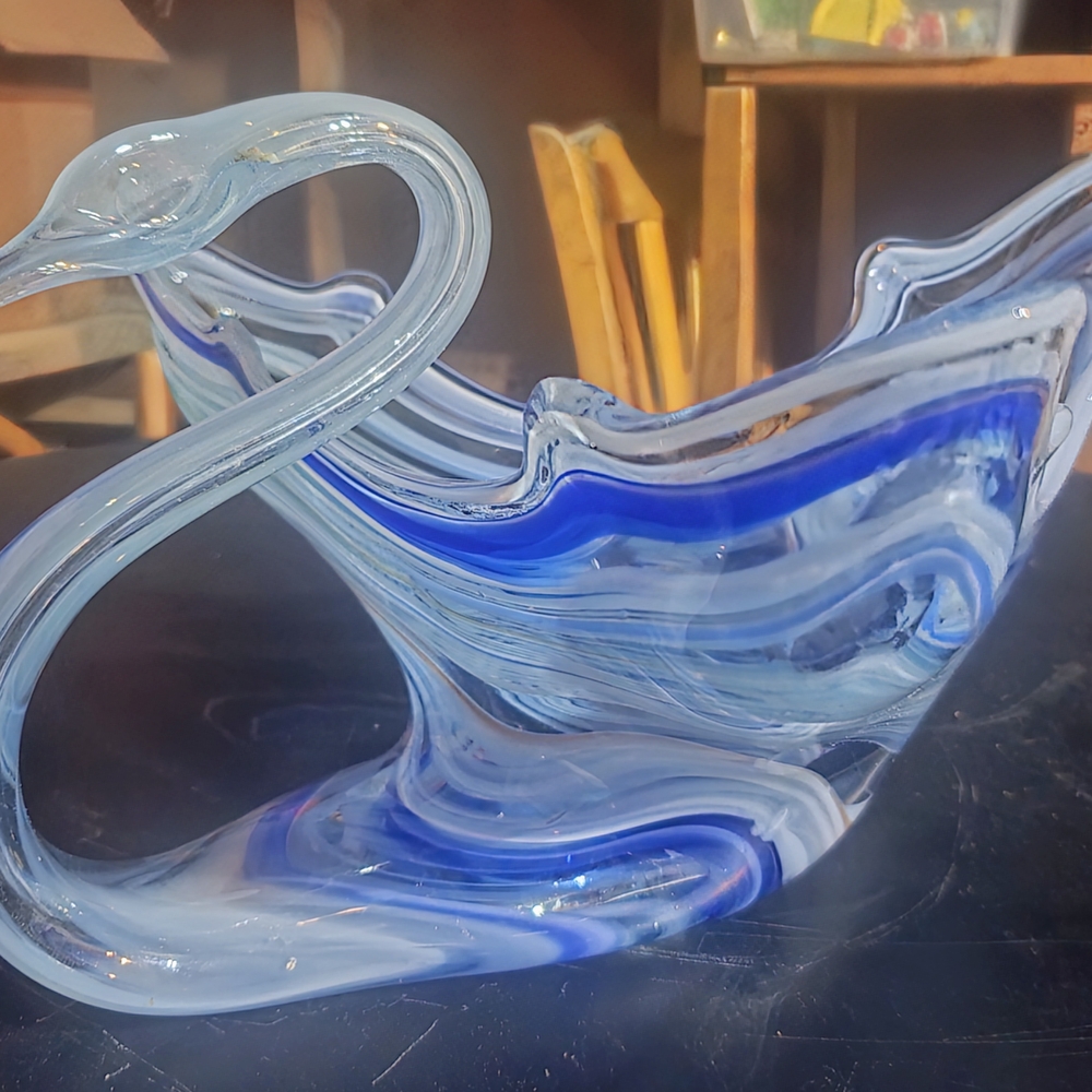 Blue and White Glass Swan Sculpture